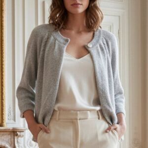 Gray beaded neckline open front sweater size Large